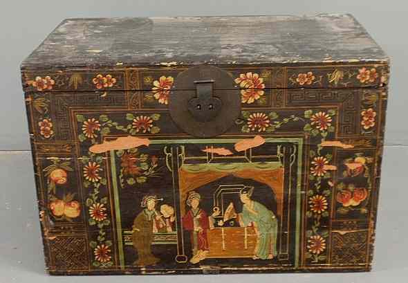 Appraisal: Asian storage trunk late th c with dovetailed construction and