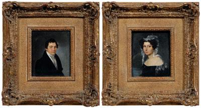 Appraisal: Pair miniature portraits woman in black dress and lace cap