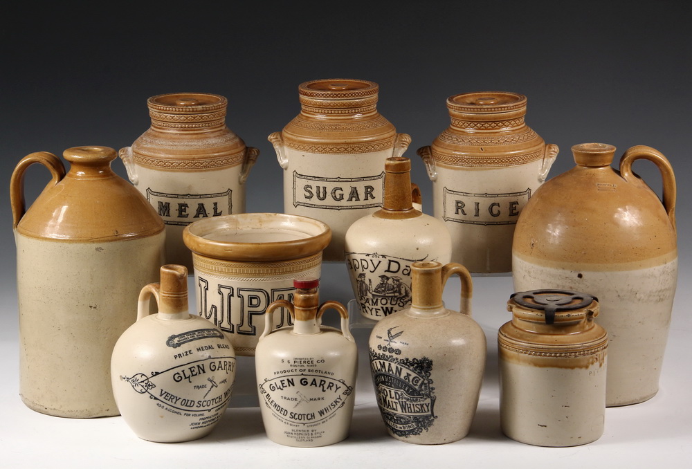 Appraisal: PCS ENGLISH STONEWARE IN TRAYS - Including Jugs Covered Jars