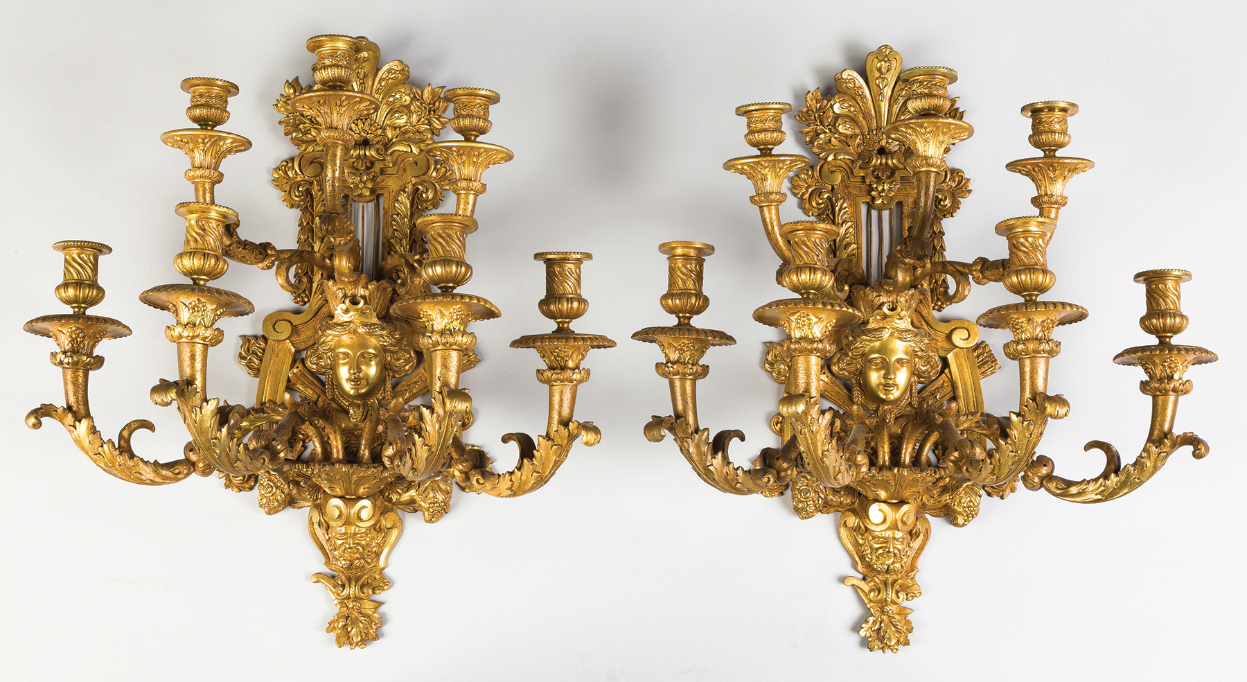 Appraisal: Pair of French Gilt Bronze -Arm Wall Sconces th century