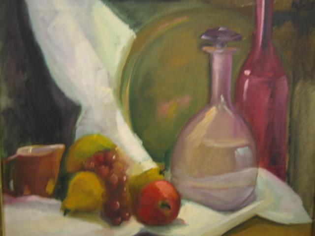 Appraisal: Margaret Kelly Oil on Canvas still life with fruit decanter