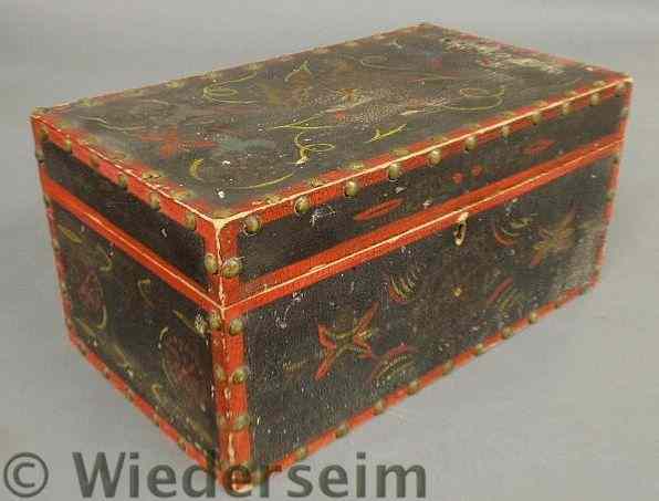 Appraisal: Black painted and stencil decorated storage box th c with