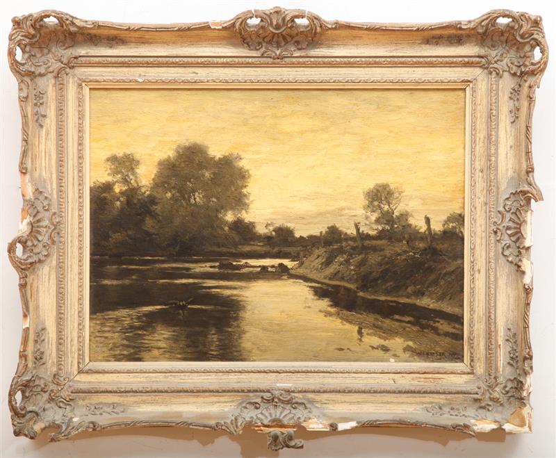 Appraisal: EUROPEAN SCHOOL RIVER AT DUSK Oil on canvas indistinctly signed