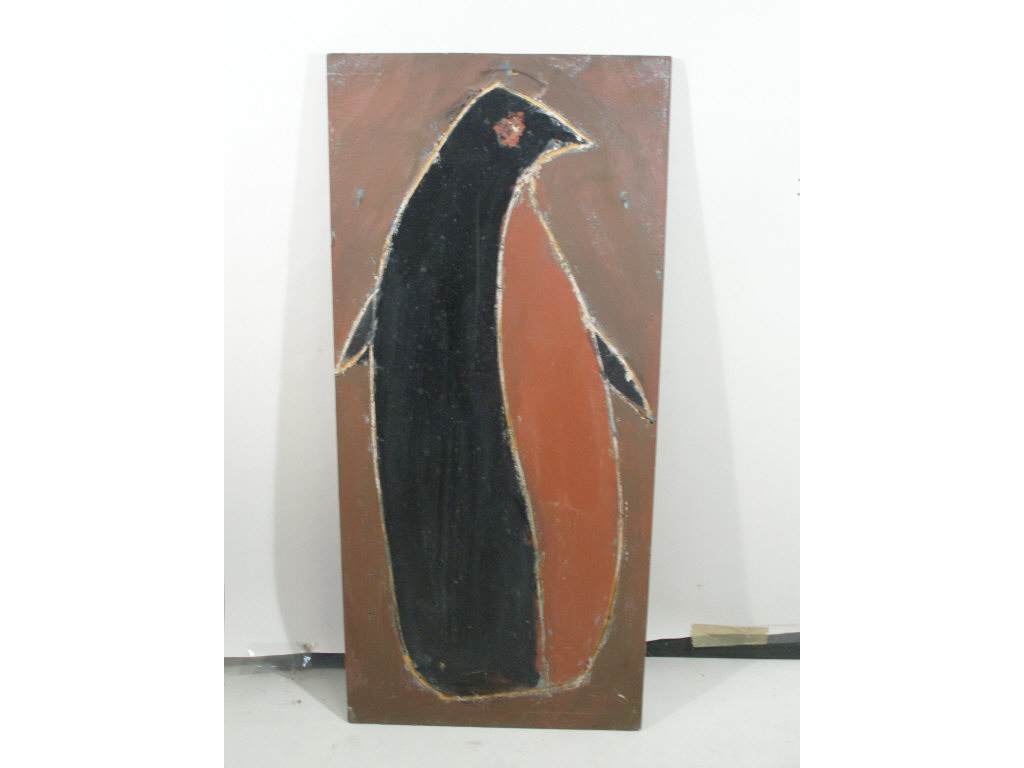 Appraisal: Clyde Jones NC b Penguin acrylic on found wood board