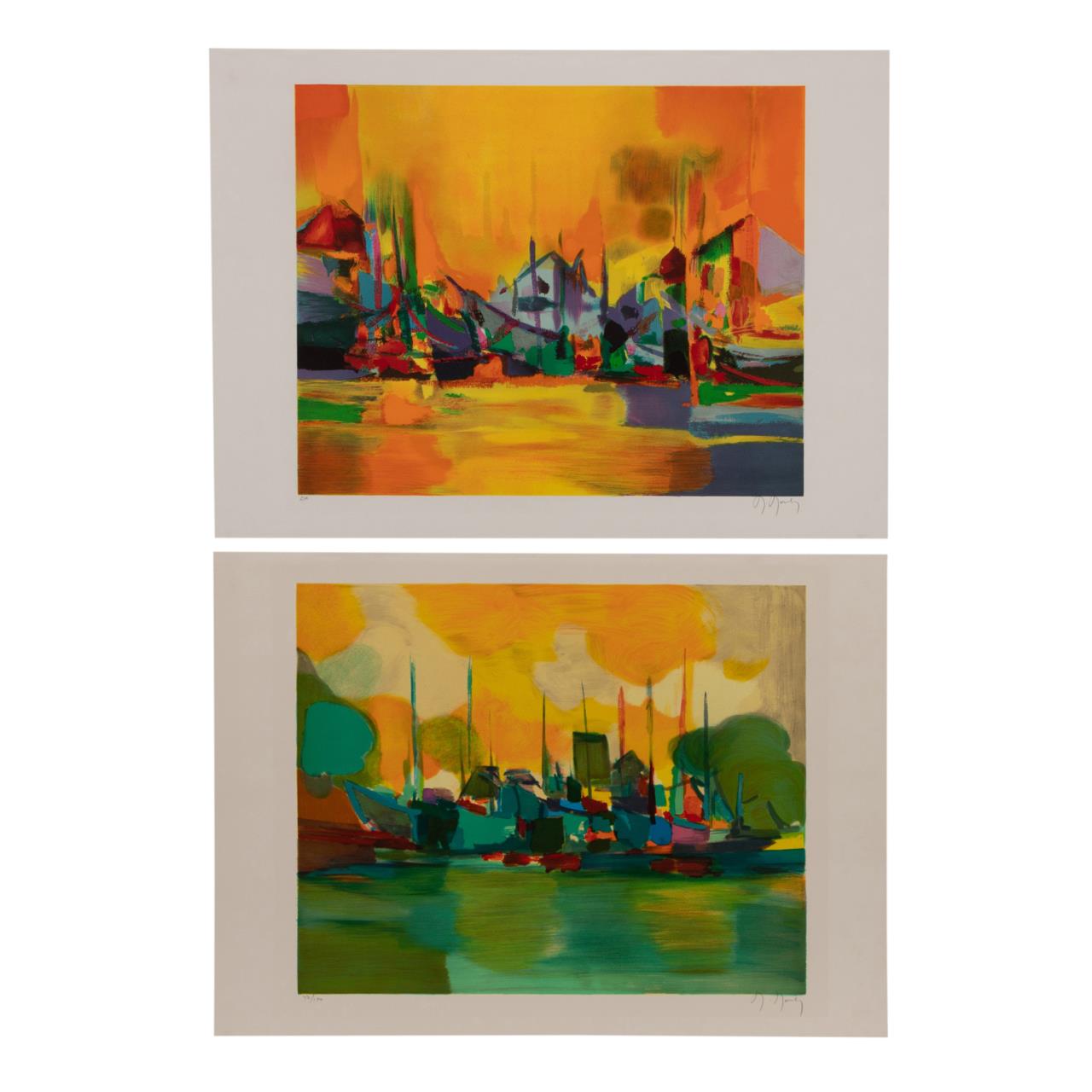 Appraisal: TWO MARCEL MOULY UNFRAMED PORT SCENE PRINTS Marcel Mouly French