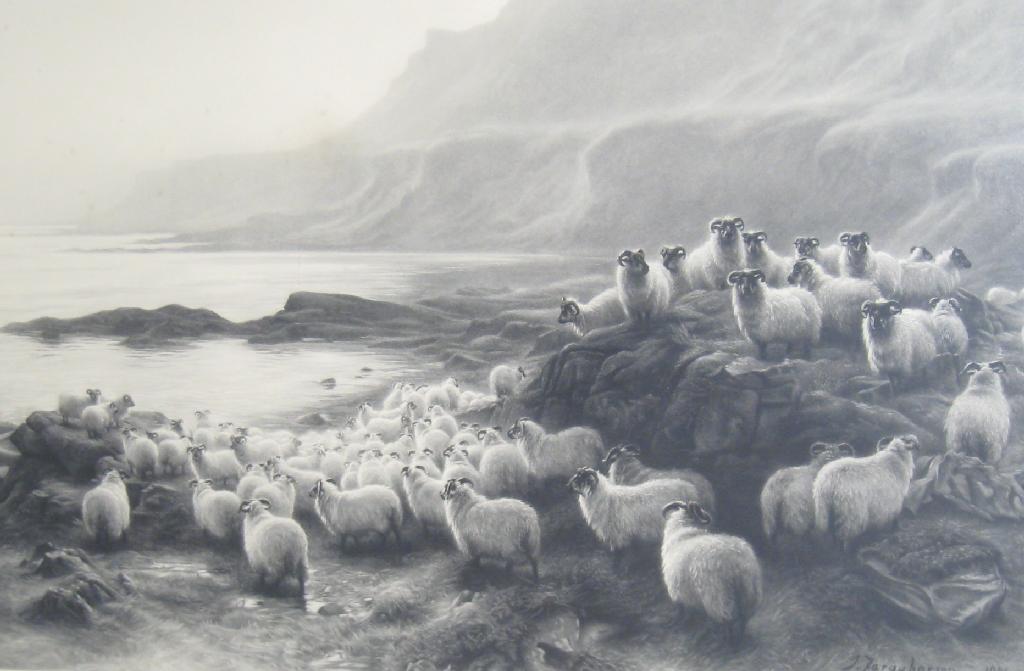 Appraisal: AFTER JOSEPH FARQUHARSON Flock of highland sheep by coast monochrome