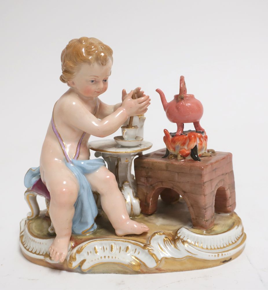 Appraisal: Meissen Porcelain Cherub Making Tea H x W MADD WT