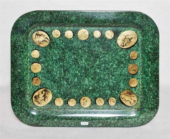 Appraisal: FORNASETTI TRAY A L'ANTIQUE Lacquered metal Fornasetti label Inscribed Fornasetti