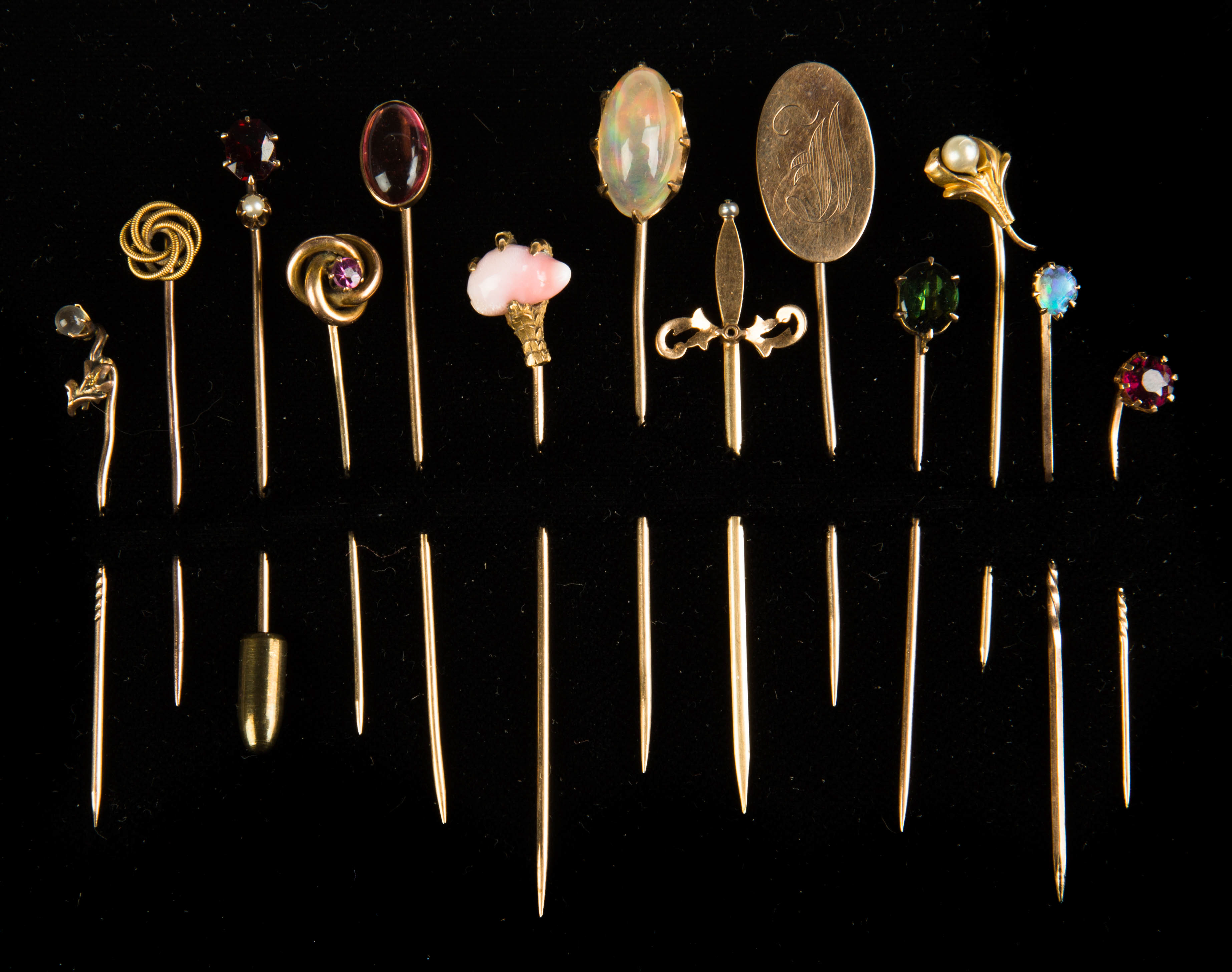 Appraisal: Collection of Gold Stick Pins k k natural stones Mexican