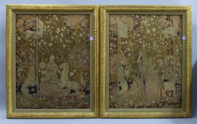 Appraisal: Pair of Framed Late Victorian Needlepoint Medieval Scenic Panels including