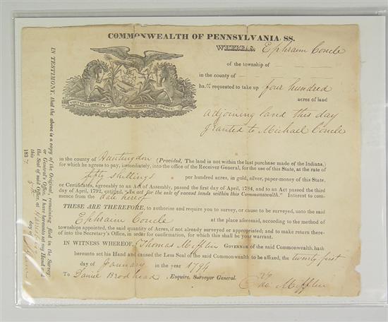 Appraisal: Thomas Mifflin Signed Document Commonwealth of Pennsylvania document printed and