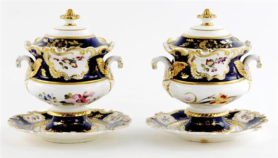 Appraisal: Pair English porcelain covered sauce tureens on stands probably Coalport