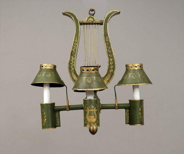 Appraisal: Empire-Style Paint-Decorated Four-Light Chandelier with Tole Shades Modern in in