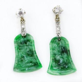 Appraisal: Antique Carved Jade and Diamond earrings Unsigned Good condition Measure