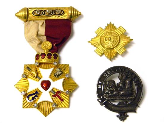 Appraisal: Three pieces of jewelry including two medals possibly from fraternal