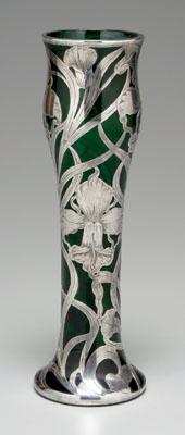 Appraisal: Silver overlay vase emerald green glass vase with iris sterling