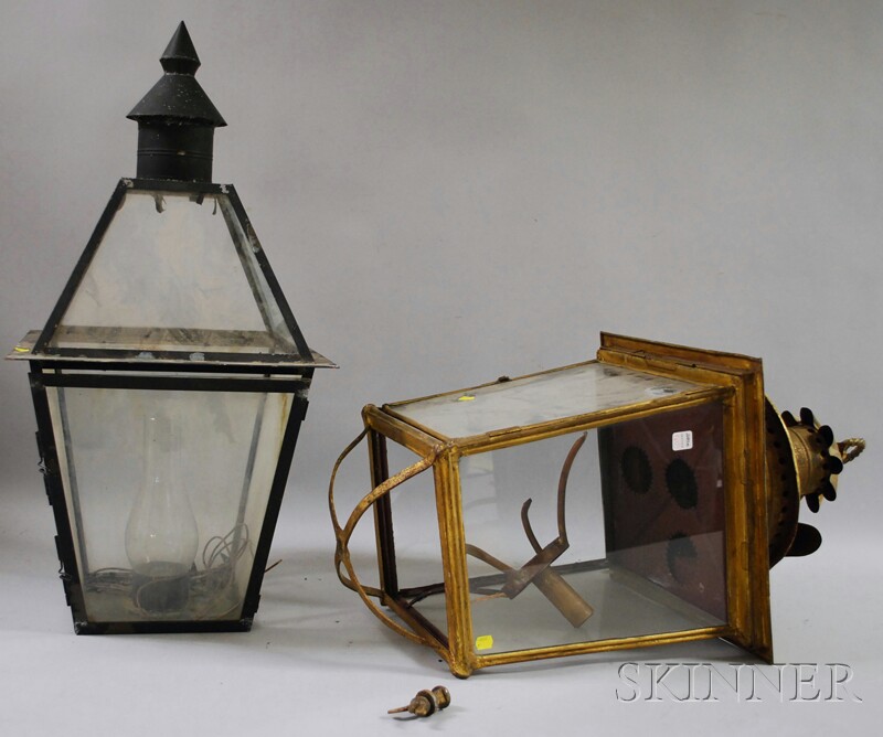 Appraisal: Two Large Painted and Gilt-metal and Glass Panel Post Lanterns