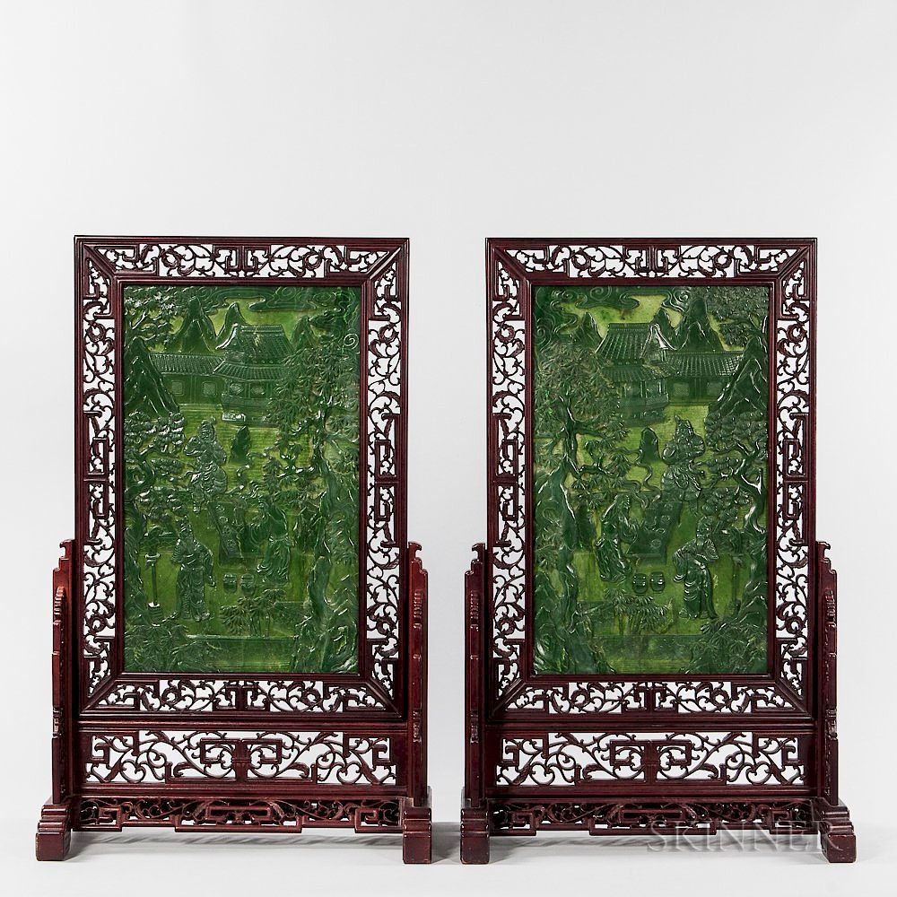 Appraisal: Pair of Table Screens with Carved Hardstone Plaques Pair of