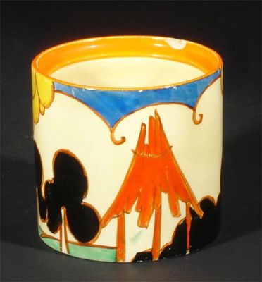 Appraisal: Summerhouse' a Clarice Cliff Fantasque Bizarre Cylindrical preserve pot painted