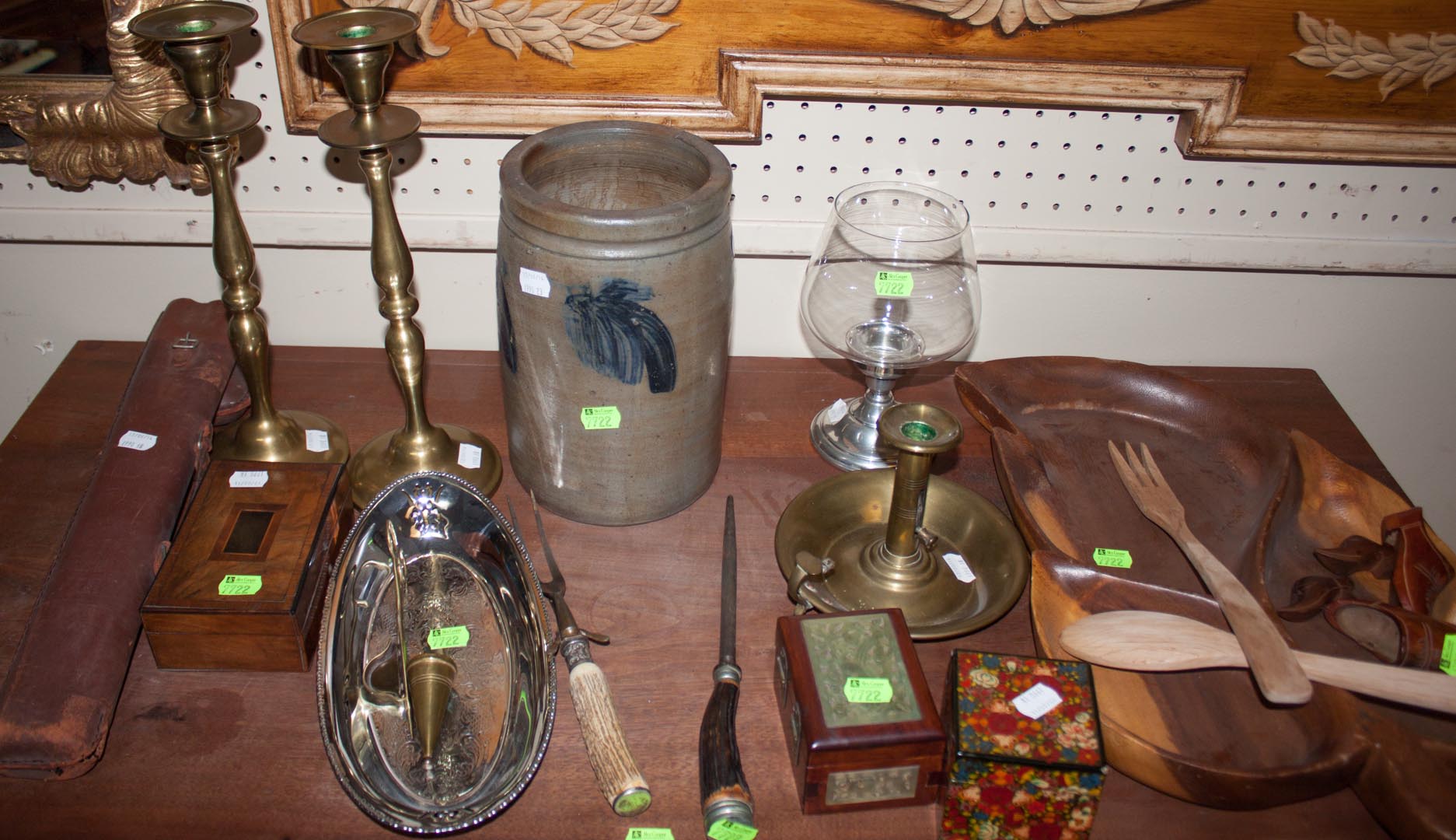 Appraisal: Assortment of items including wooden ware brass candlesticks cobalt decorated