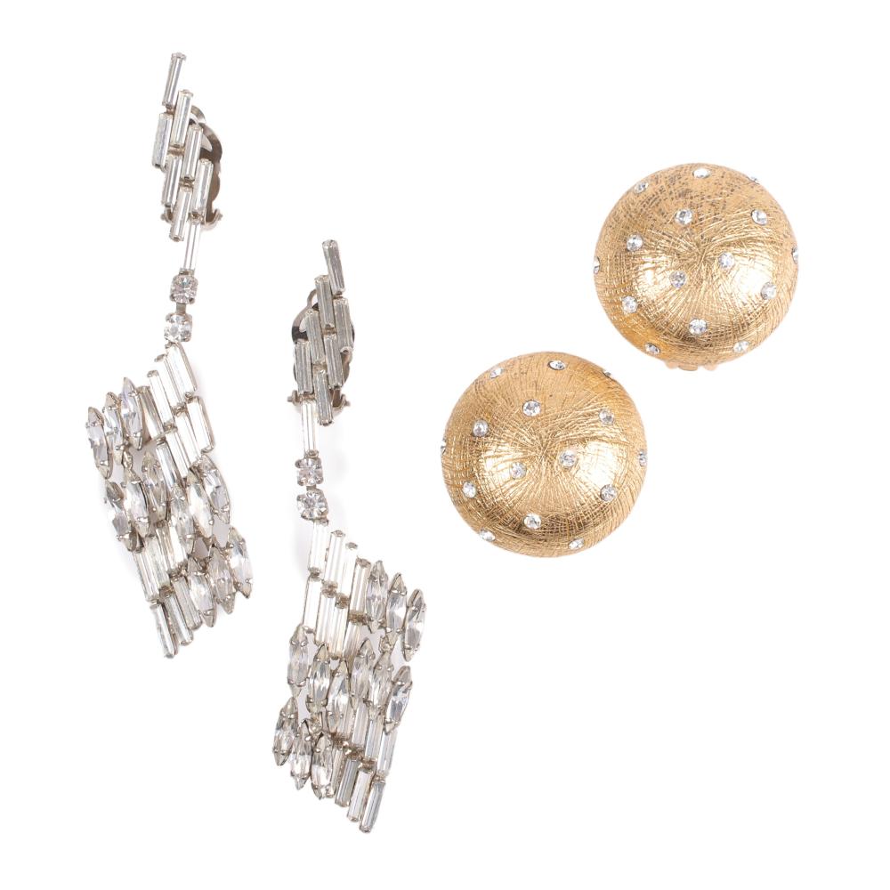 Appraisal: TWO FRENCH DESIGNER EARRINGS DIOR TEXTURED GOLD RHINESTONE STUDDED BUTTONS