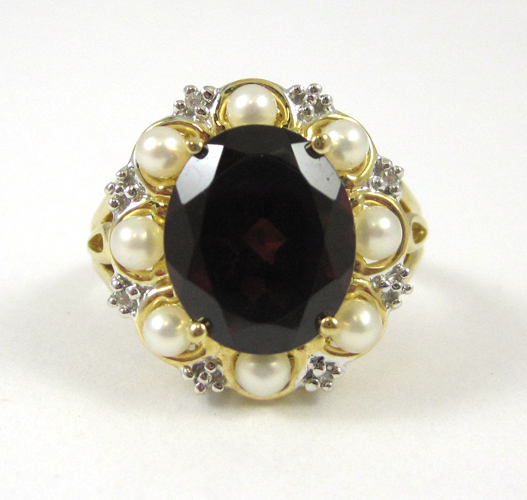 Appraisal: GARNET PEARL AND TEN KARAT GOLD RING with eight round-cut