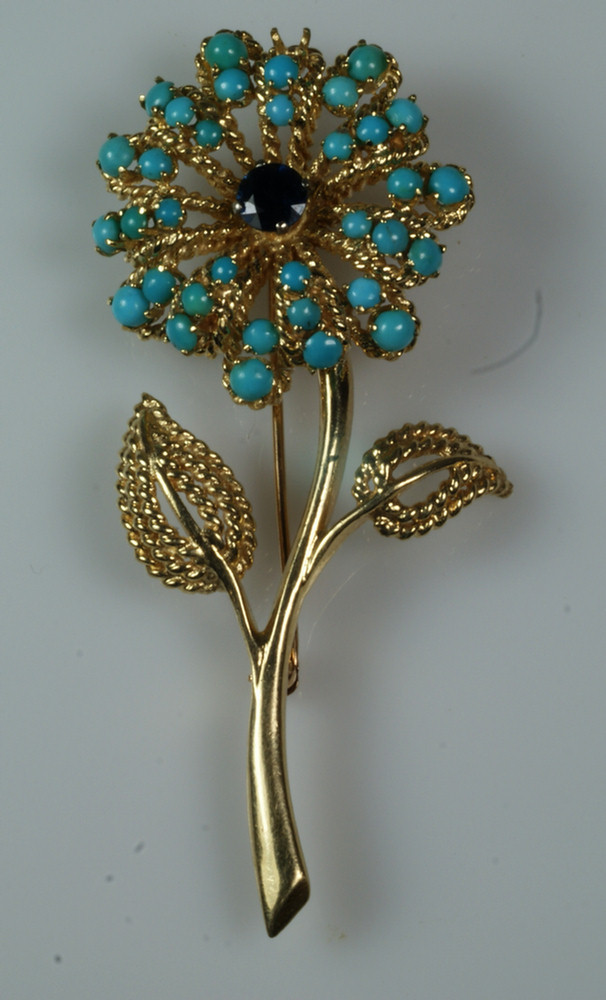 Appraisal: K YG turquoise sapphire floral pin dwt Estimate -