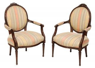 Appraisal: Pair Louis XVI Style Carved Mahogany Upholstered Open Arm Chairs