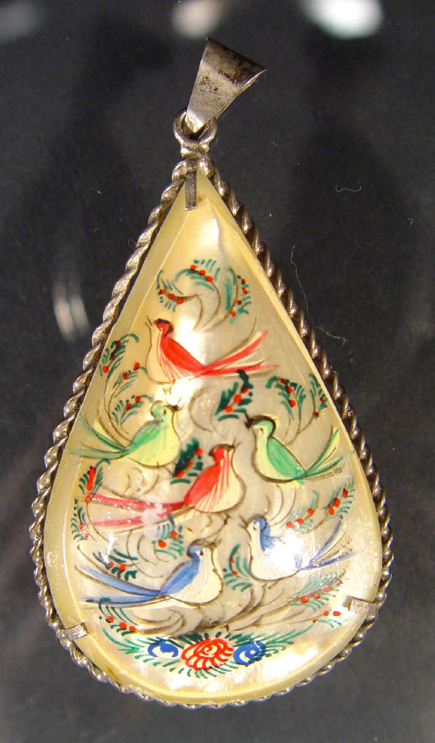 Appraisal: Hand painted teardrop pendant decorated with birds and Persian design