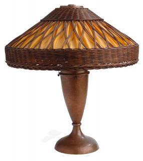 Appraisal: Signed Gustav Stickley Copper and Wicker Lamp American th century