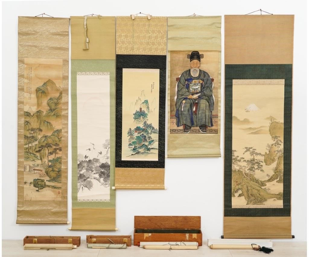 Appraisal: Collection of nine Japanese scroll paintings some th c including