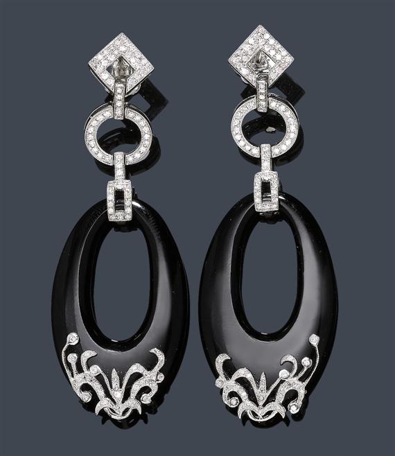 Appraisal: DIAMOND AND ONYX EAR PENDANTS White gold Very decorative ear