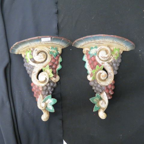 Appraisal: Pair of Carved Wooden Wall Sconces handpainted grape vine decor