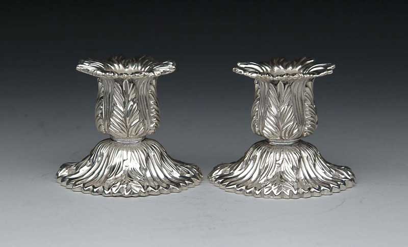 Appraisal: PAIR OF SHORT TIFFANY CHRYSANTHEMUM STERLING CANDLE STICKS This heavy