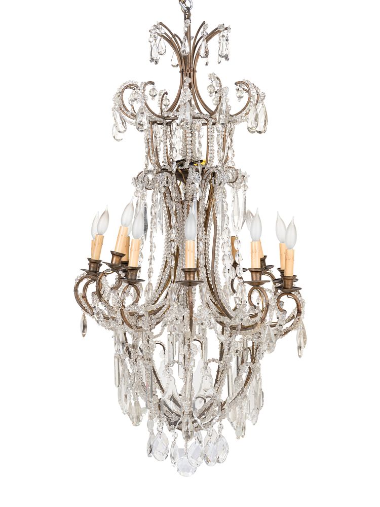 Appraisal: A Beaded Gilt Metal Twelve-Light Chandelier A Beaded Gilt Metal