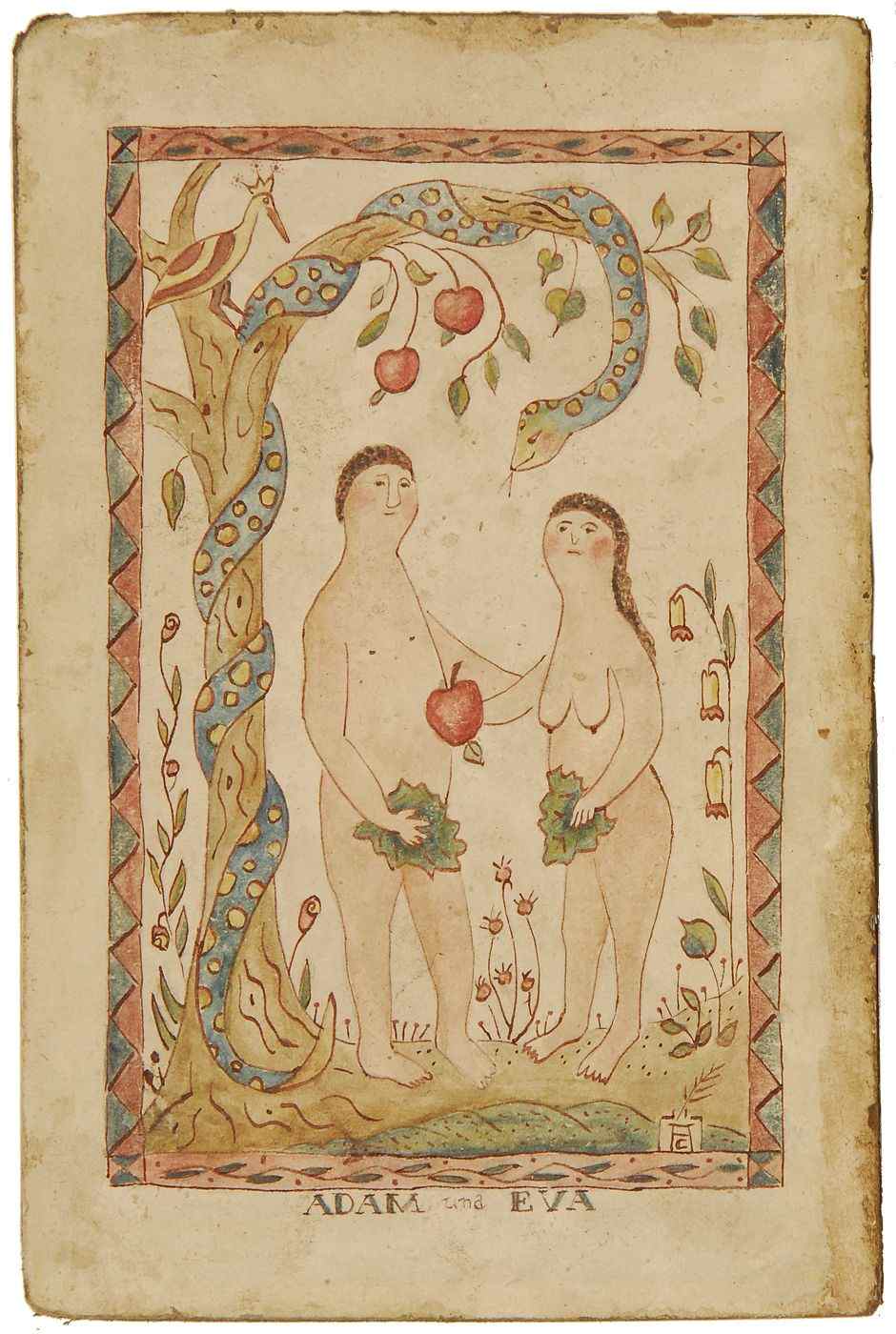 Appraisal: AMERICAN SCHOOLLate th CenturyAdam and Eva'' sic Folk art watercolor