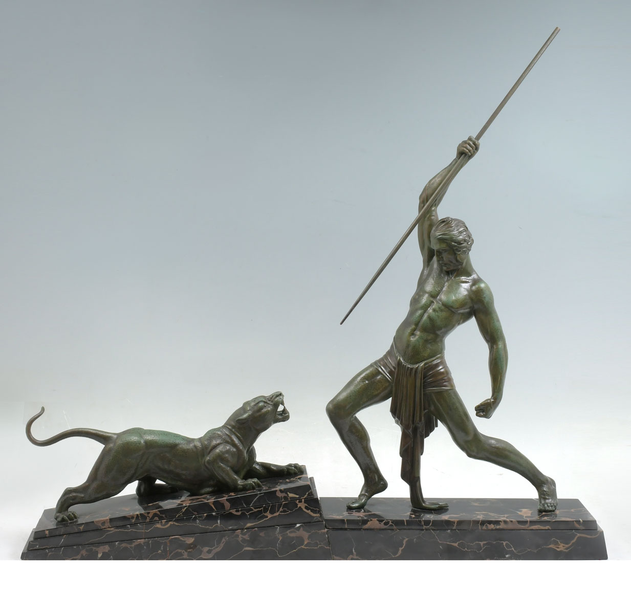 Appraisal: DECO BRONZE PANTHER HUNTER SIGNED CHIPARUS Patinated Green Bronze figure