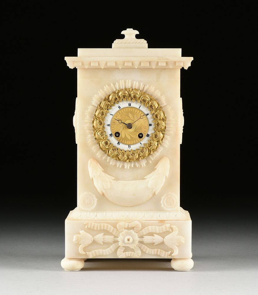 Appraisal: A CHARLES X WHITE ALABASTER GILT BRONZE MOUNTED CLOCK MIROY