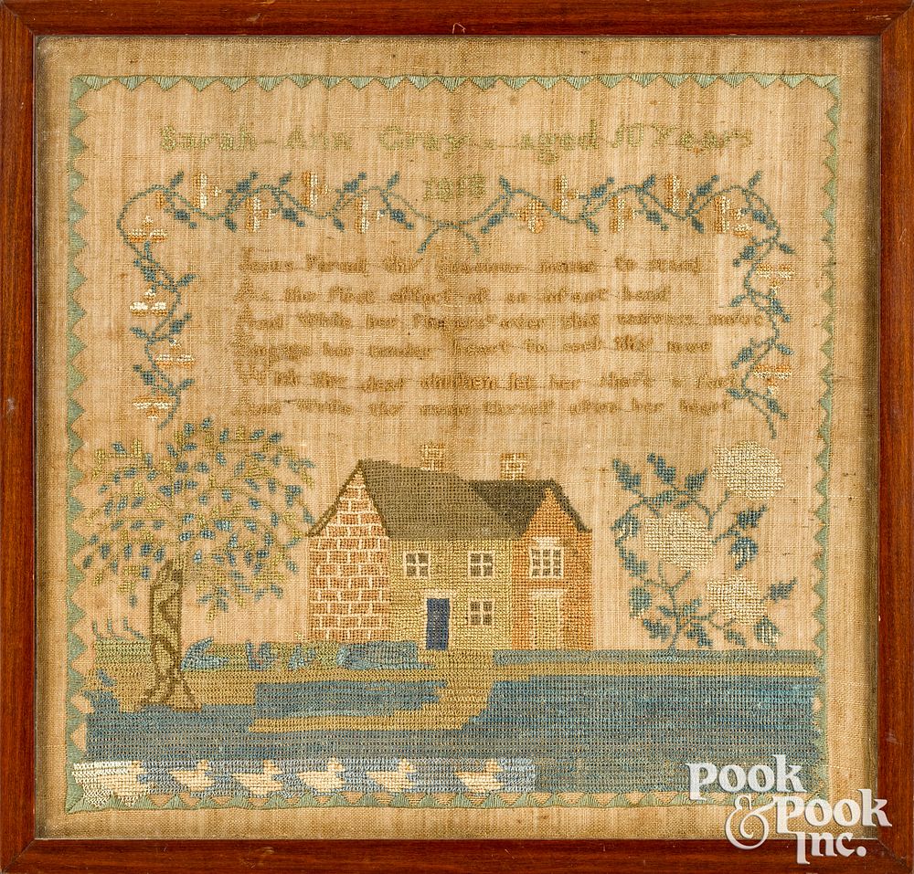 Appraisal: American silk on linen house sampler dated American silk on