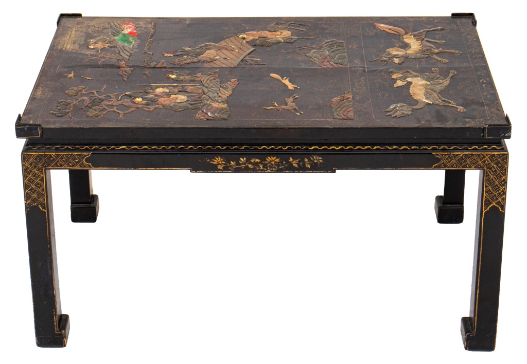 Appraisal: CHINESE HARDSTONE INLAID PANEL COFFEE TABLE Chinese hardstone and abalone