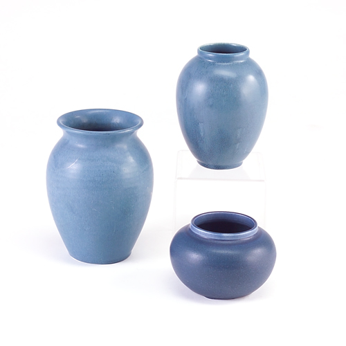 Appraisal: ROOKWOOD Three Production vases covered in matte blue glaze -