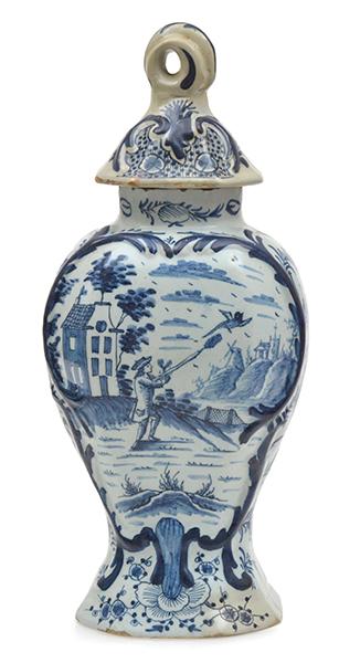 Appraisal: TH CENTURY DELFT FAIENCE LIDDED VASE WITH HUNTING SCENE LID