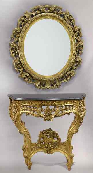 Appraisal: Louis XV style gilt mirror with marble top consolehaving pierced