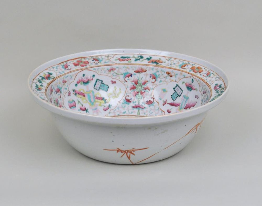 Appraisal: Large Chinese Enameled Porcelain Basin enameled in rose pink green