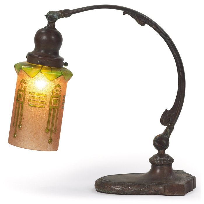 Appraisal: Handel bridge lamp geometric design toshade in iridescent green and