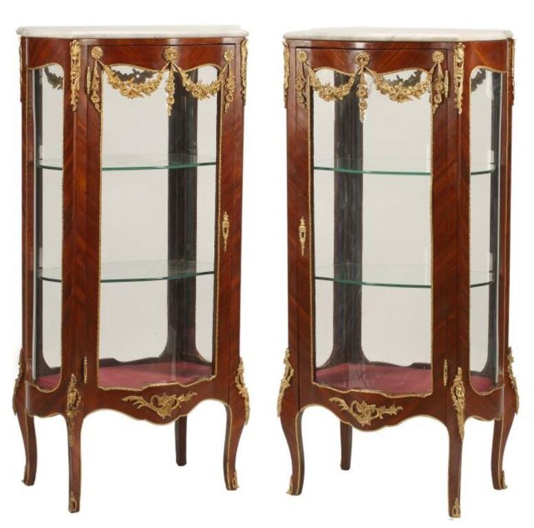 Appraisal: pair Louis XV style marble-top vitrines display cabinets with bronze