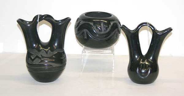 Appraisal: Three Santa Clara blackware vessels Including a carved bowl Barbarita