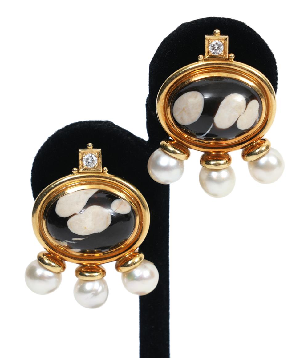 Appraisal: E GAGE DIAMOND AGATE PEARL K YG EARRINGSElizabeth Gage K