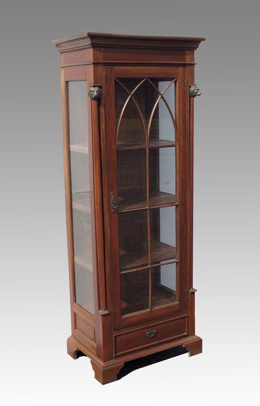 Appraisal: MAHOGANY DISPLAY CABINET WITH DOG HEAD MOUNTS Display cabinet with