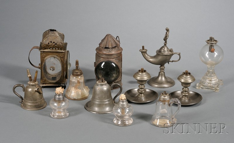 Appraisal: Twelve Early Lighting Items early th century two bell-form pewter